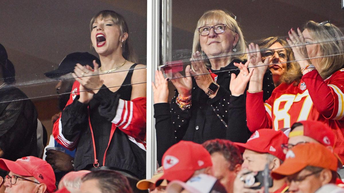 Pop star Taylor Swift cheered from a suite with Travis Kelce’s mother, Donna Kelce, before the Chiefs played the Denver Broncos on Thursday at GEHA Field at Arrowhead Stadium.
