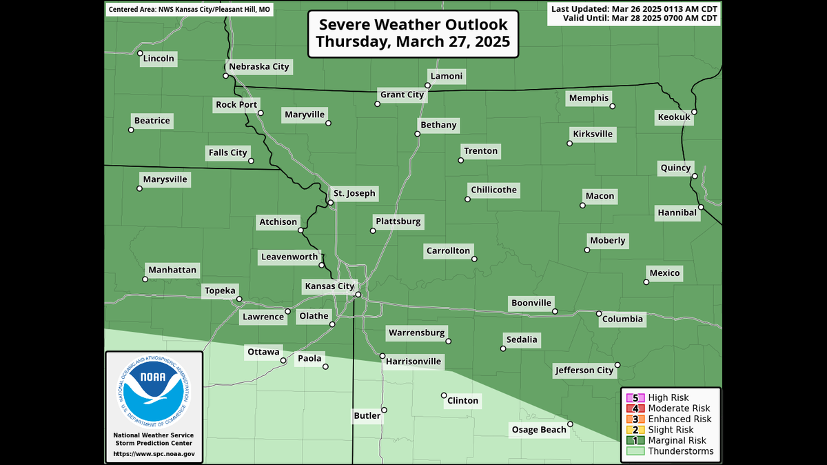 There is a possibility of strong to severe thunderstorms early Thursday in the Kansas City area, primarily along and north of Interstate 70, according to the National Weather Service. Hail being the primary hazard. The National Weather Service’s Storm Prediction Center has placed Kansas City and surrounding areas under a marginal risk of severe weather.