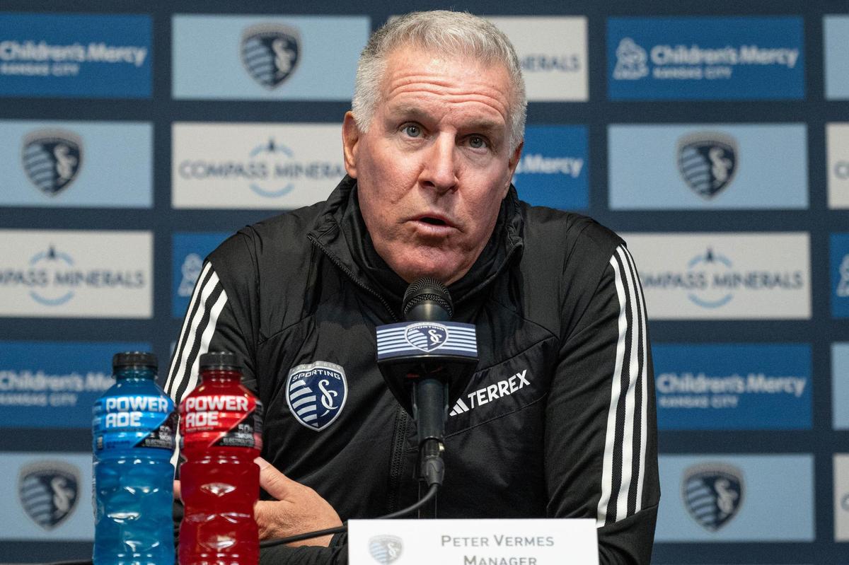 Sporting Kansas City manager Peter Vermes takes questions during media day at Children’s Mercy Park on Friday, Feb. 14, 2025, in Kansas City, Kansas.