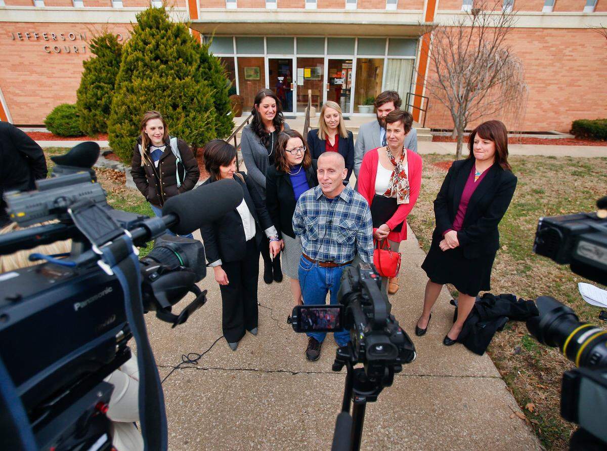 Floyd Bledsoe addressed the media outside the Oskaloosa courthouse in December 2015. Bledsoe was released from prison by Judge Gary Nafziger after being found not guilty in the murder of Camille Arfmann in 1999. New evidence pointed to her being killed by Bledsoe’s brother Tom instead.