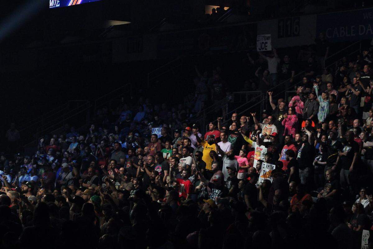 Fans inside Cable Dahmer Arena in Independence stand up to watch All Elite Wrestling’s Dynamite and Collision Wednesday, Oct. 15. The fans were treated to a special three-hour live double episodes featuring favorites like Kenny Omega, “Hangman” Adam Page, Samoa Joe, Jon Moxley and more.