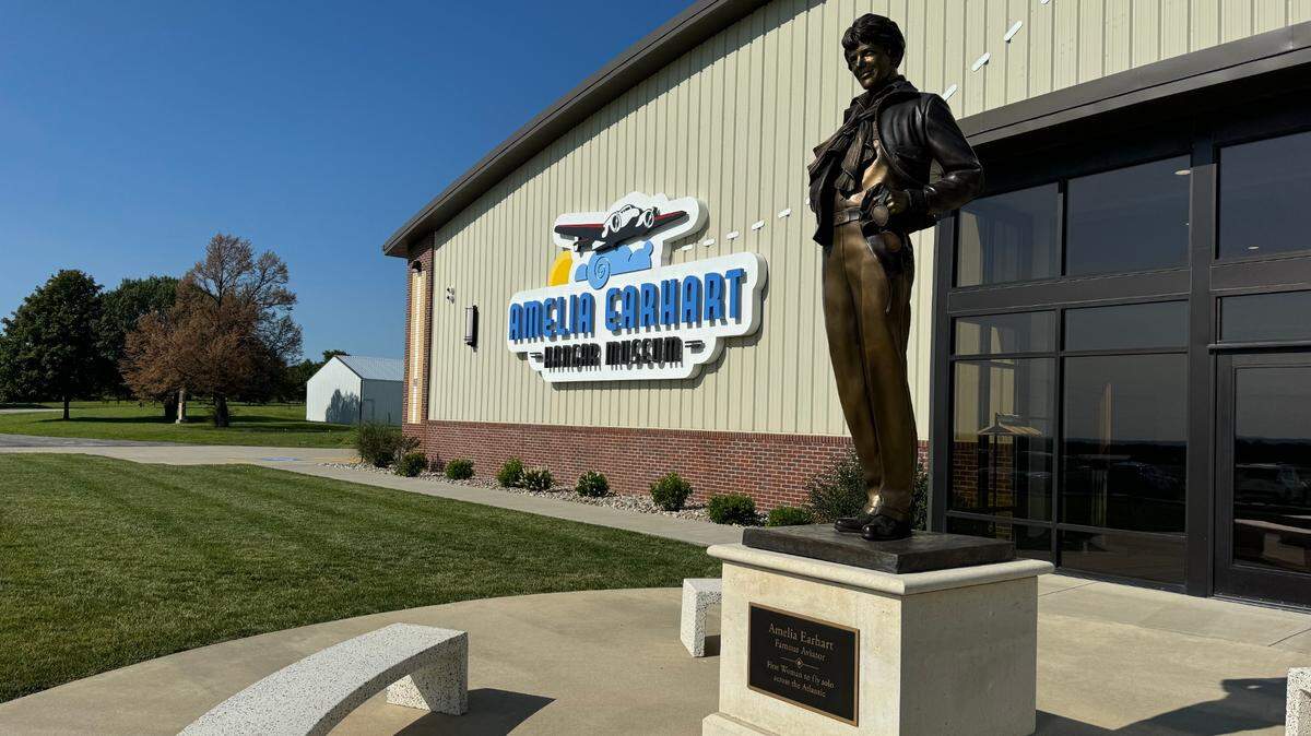 A statue of Atchison native Amelia Earhart sits outside the Amelia Earhart Hangar Museum. The museum is home to a similar model of Amelia Earhart’s plane, the Lockheed Electra 10-E.