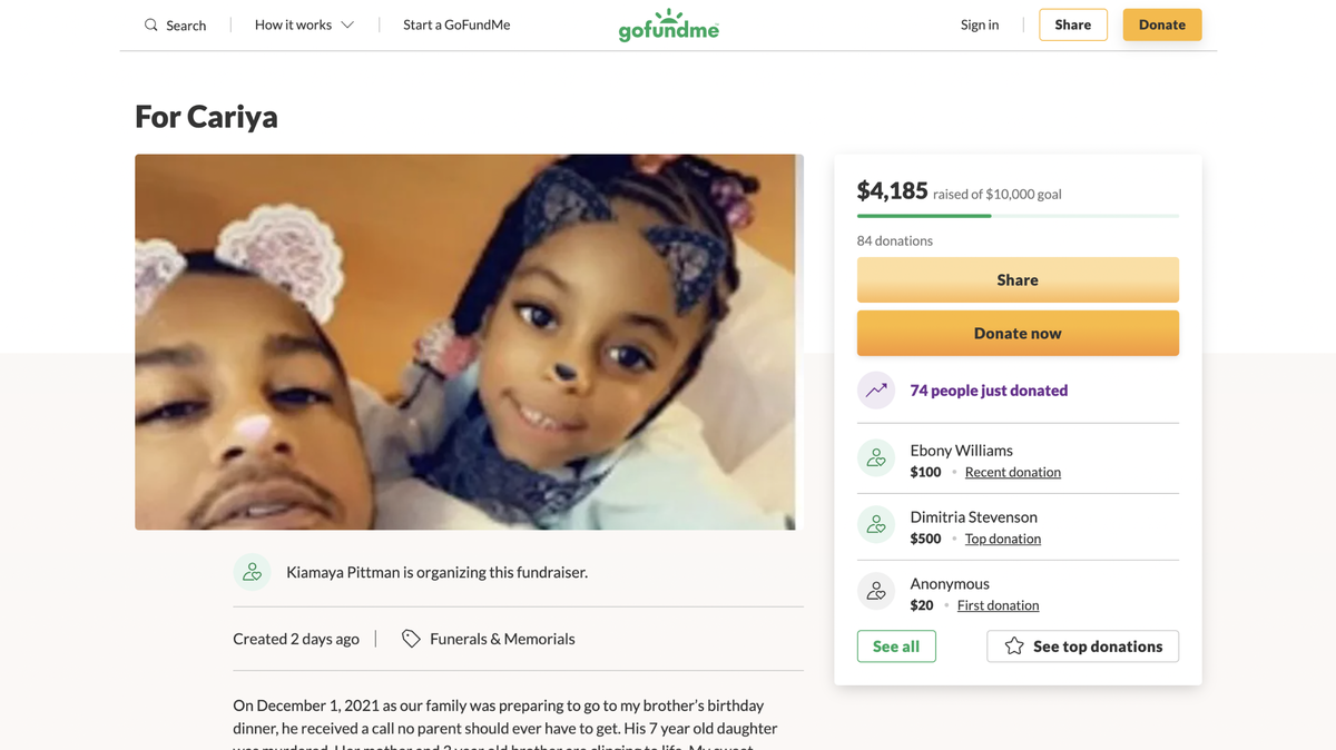 A GoFundMe page has been created to help raise money for the funeral of Cariya Reed, who was killed in Kansas City, Kansas, on Dec. 1.