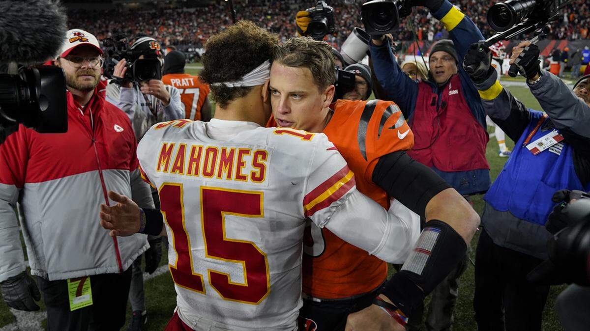 Cincinnati quarterback Joe Burrow speaks with Kansas City quarterback Patrick Mahomes after the Bengals’ victory in Cincinnati in December. The teams meet again Sunday in Kansas City for the AFC championship.