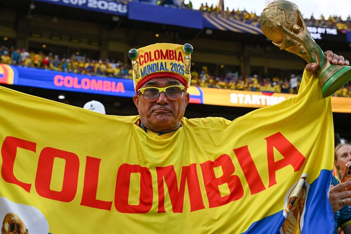 A Colombia fan shows his pride for the national team ahead of the Colombia vs. Ghana 2026 World Cup round of 32 football match at Kansas City (Arrowhead) Stadium in Kansas City on Friday, July 3, 2026.
