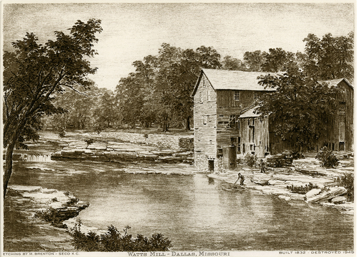 Engraving of Watts Mill, Dallas, Missouri, by M. Brenton, 1949.