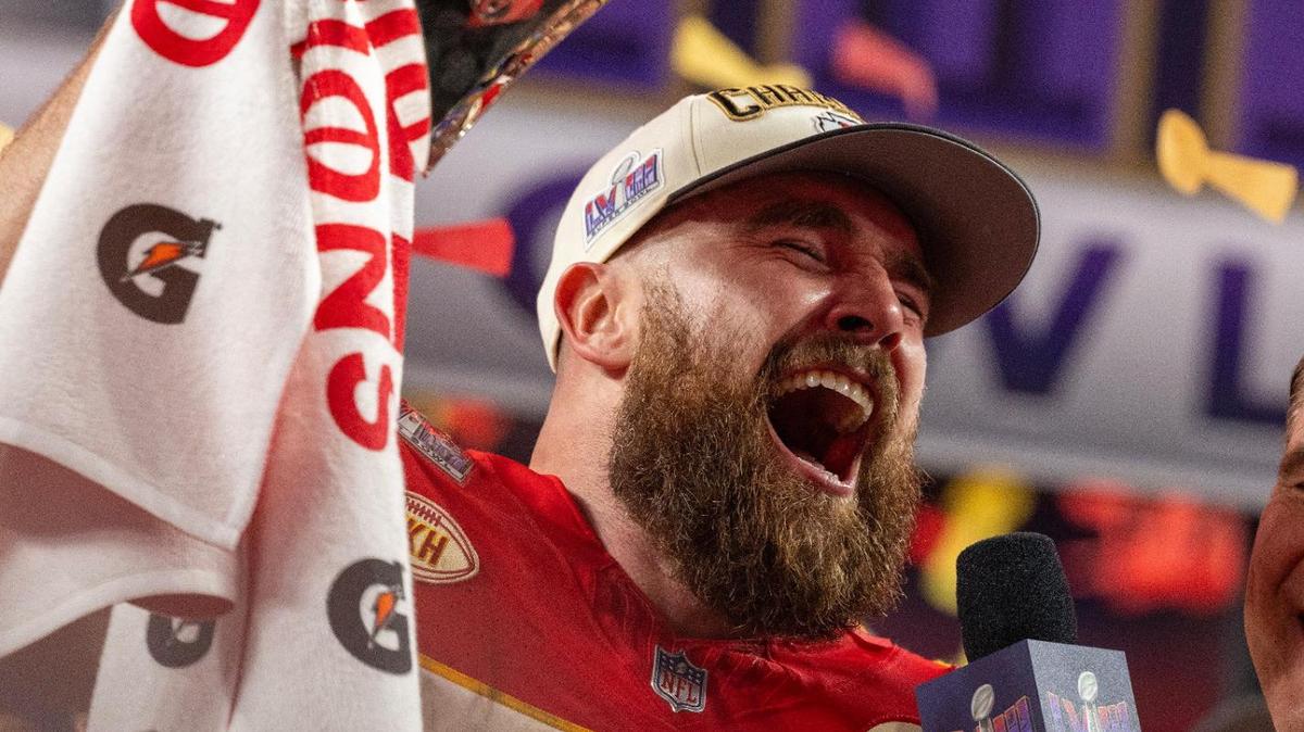 Kansas City Chiefs tight end Travis Kelce holds the Lombardi Trophy and scream after the team defeated the San Francisco 49ers, 25-22, on Sunday, Feb. 11, 2024, in Las Vegas.