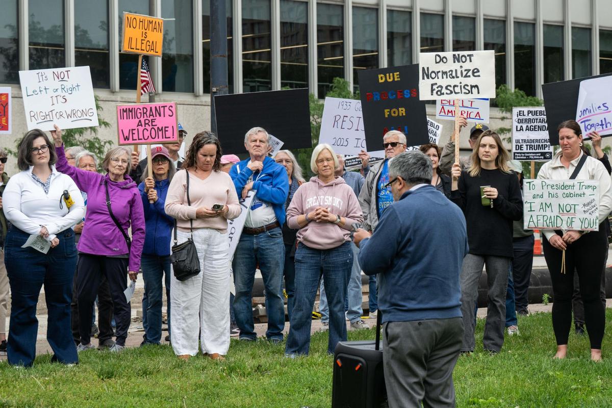 Protester outside a federal immigration courthouse in downtown Kansas City on Tuesday, May 27, 2025.