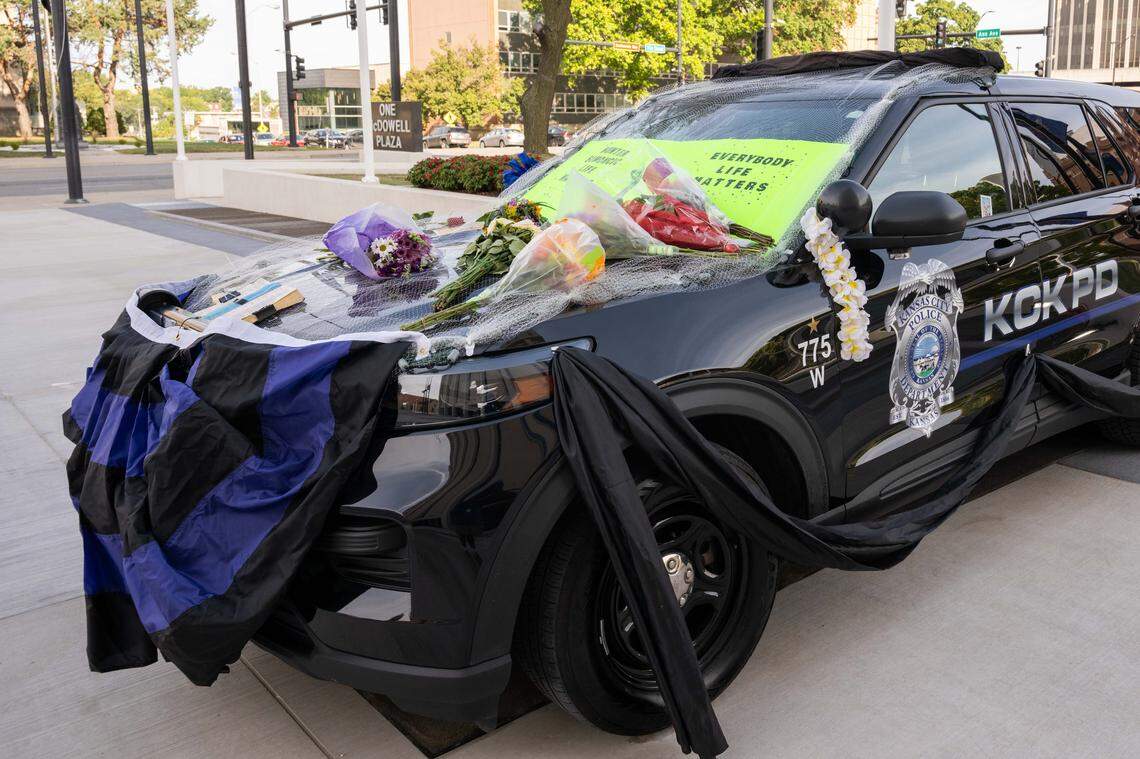 The police cruiser driven by slain KCKPD officer Hunter Simoncic set up as a memorial in front of Kansas City, Kansas City Hall on Wednesday, Aug. 27, 2025.