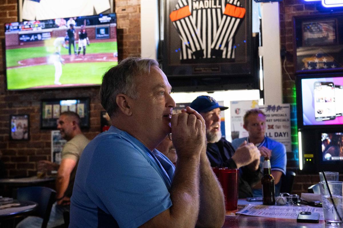 Chris Sally watches nervously as the Royals face off vs. the Baltimore Orioles at the Blue Line in the River Market on Wednesday, Oct. 2, 2024. The Royals won the game 2-1 and advanced to play the New York Yankees.