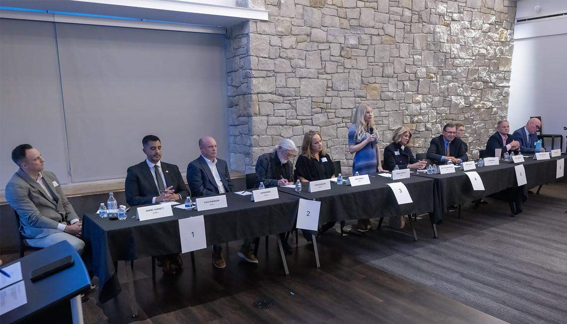 Candidates running for Council Member position on the Prairie Village City Council participate in a candidates forum at the Meadowbrook Club House in Prairie Village on Thursday, October 9, 2025.