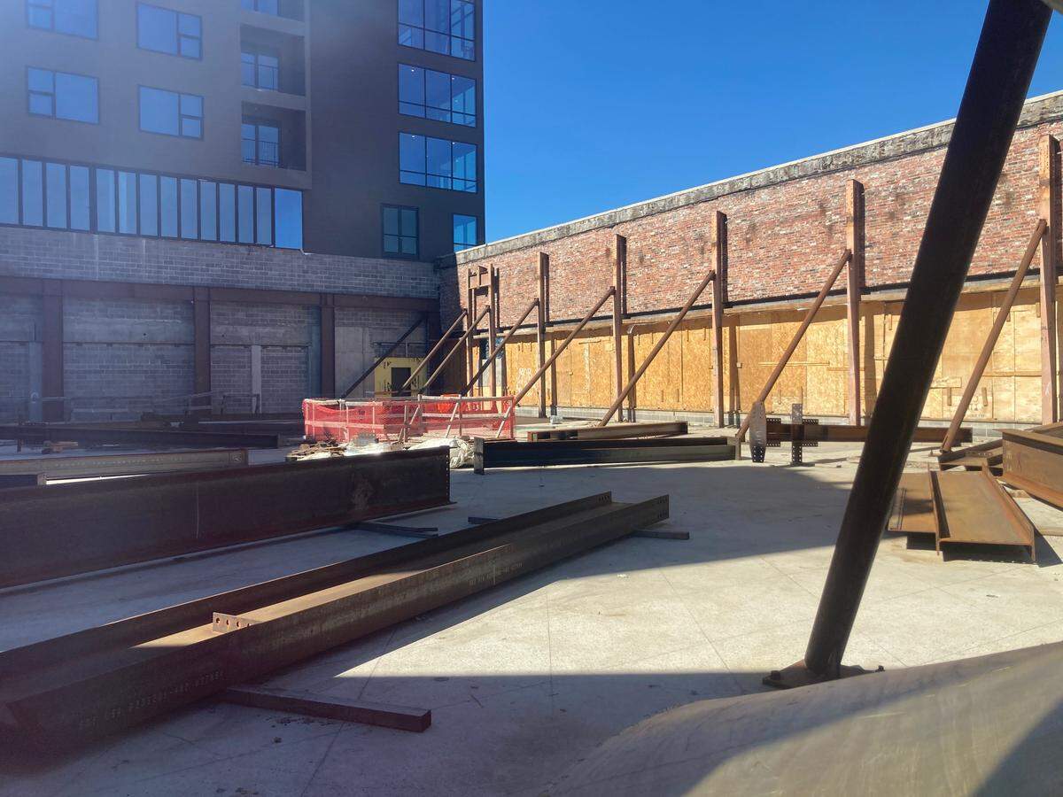 Interior of the former Katz drug store, intended to be the entryway to the Katz on Main apartment development, shows little work and no roof. The apartment complex was to be completed in 2024.