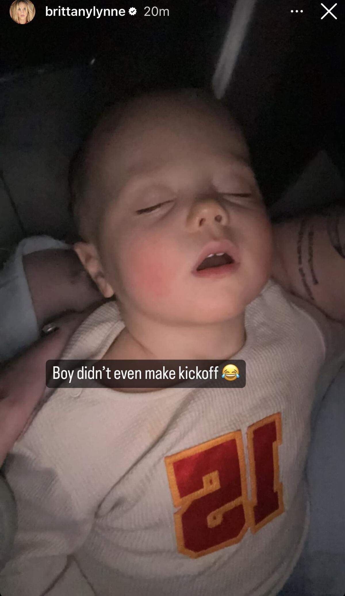 Baby “Bronze” Mahomes, fast asleep at the Super Bowl.