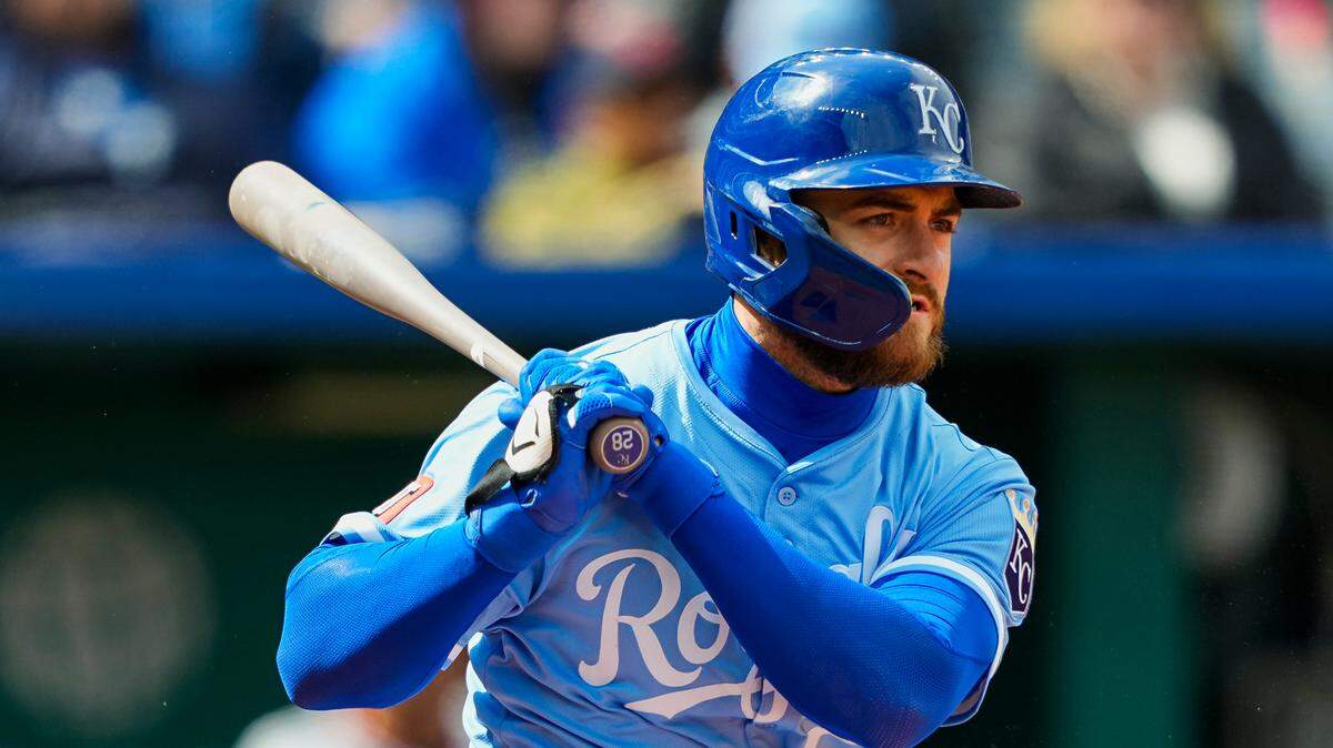 Kansas City Royals center fielder Kyle Isbel (28) bats during the sixth inning against the Cleveland Guardians at Kauffman Stadium on Mar 30, 2025 in Kansas City, Missouri, USA.