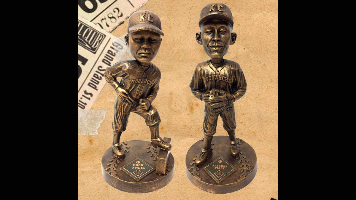 Replicas of the bronze statues of Buck O’Neil and Satchel Paige are among the bobbleheads to be unveiled Friday at the Negro Leagues Baseball Museum in Kansas City.