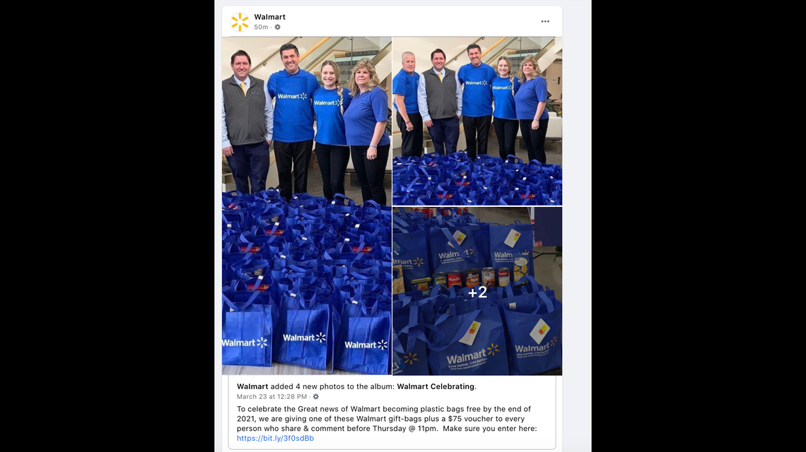The post claims that Walmart is giving away gift bags to those who share and comment.