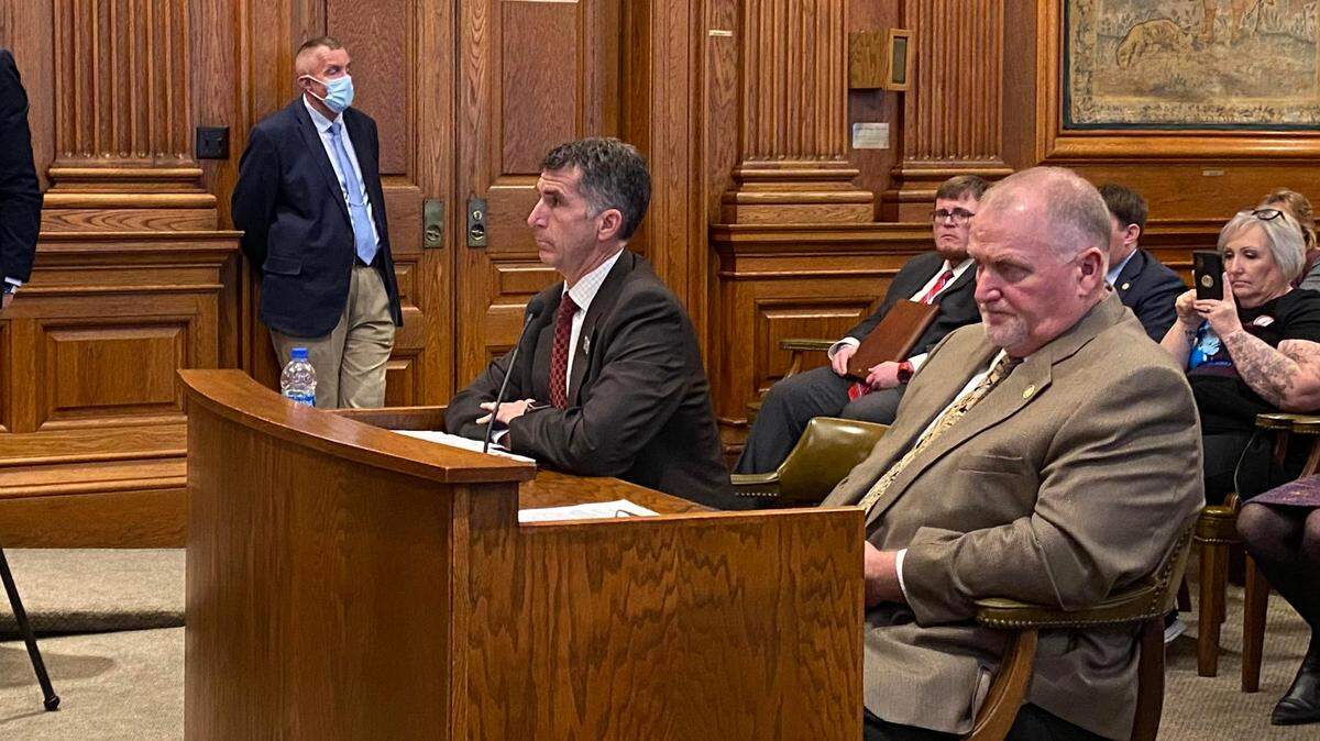 Missouri Gov. Mike Parson’s pick for director of the Department of Health and Senior Services Donald Kauerauf, seated left, during his Senate confirmation hearing on Monday. Kauerauf faced opposition from COVID-19 vaccination opponents and some hard-right Republicans.