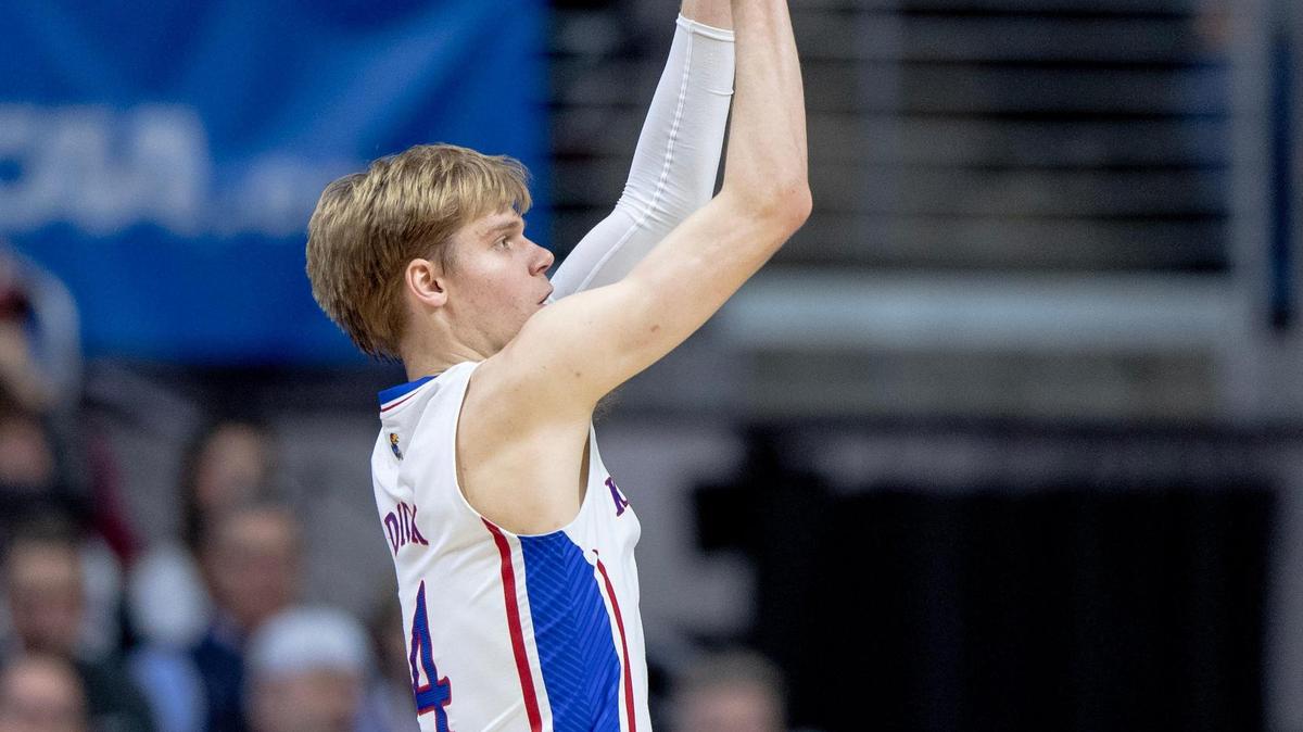 Kansas guard Gradey Dick (4) shoots against Arkansas during a second-round college basketball game in the NCAA Tournament Saturday, March 18, 2023, in Des Moines, Iowa.