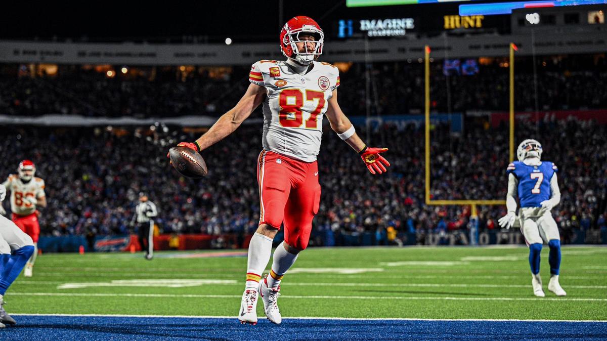 Kansas City Chiefs tight end Travis Kelce celebrates after scoring a touchdown reception in the second quarter against the Buffalo Bills Sunday at Highmark Stadium in Orchard Park, New York.