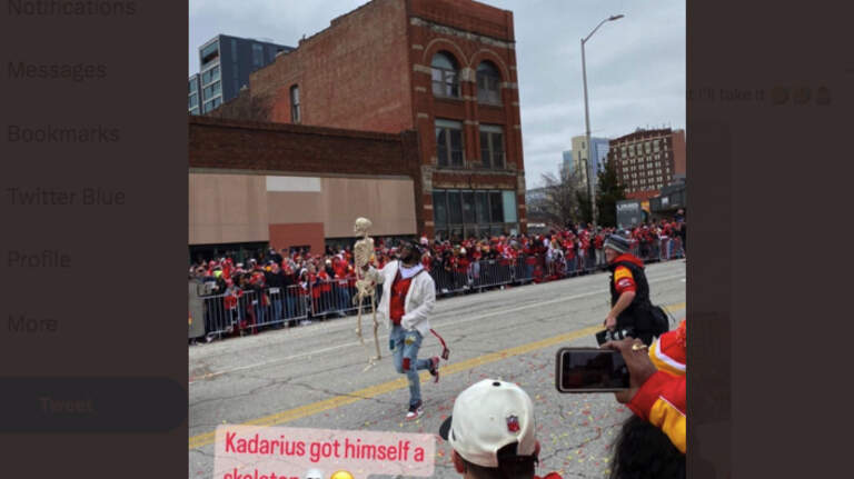 Why was a Kansas City Chiefs player running in the parade with this fan’s skeleton?