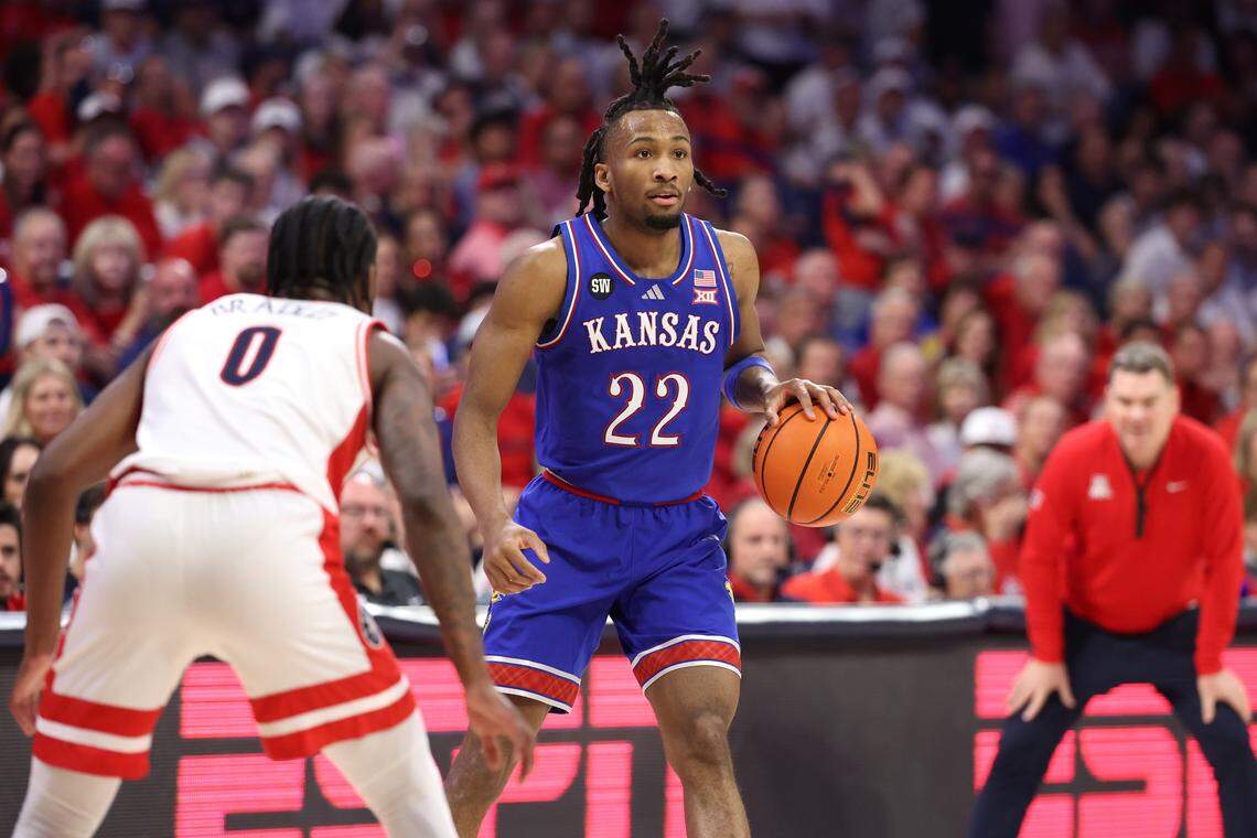 Darryn Peterson #22 of the Kansas Jayhawks handles the ball during the second half against the Arizona Wildcats at McKale Center at ALKEME Arena on February 28, 2026 in Tucson, Arizona.
