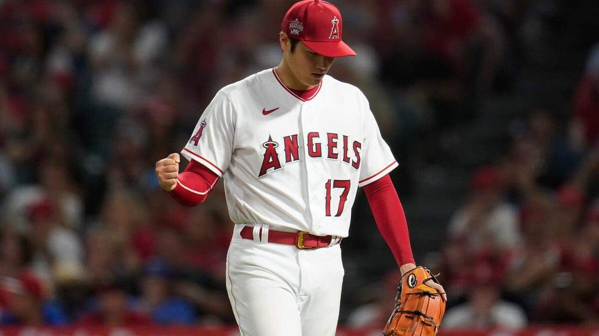 Los Angeles Angels starting pitcher Shohei Ohtani (17) reacts after the top of the sixth inning of a baseball game against the Kansas City Royals in Anaheim, Calif., Wednesday, June 22, 2022. (AP Photo/Ashley Landis)