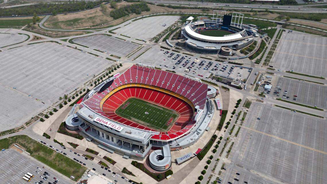 An aerial view of Arrowhead Stadium (bottom) and Kauffman Stadium at the Truman Sports Complex in Kansas City, Mo., on April 26, 2023.