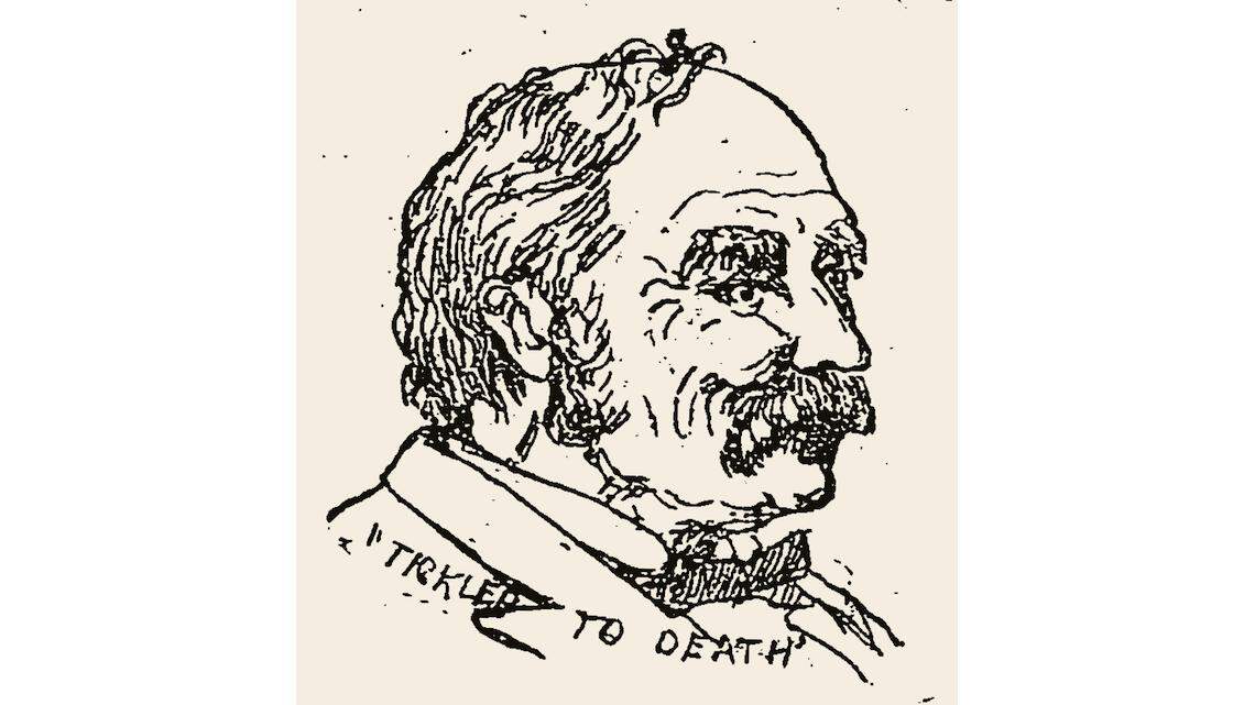 Drawing of Shea at his trial for libel against Father Jardine, Kansas City Times, July 17, 1885.