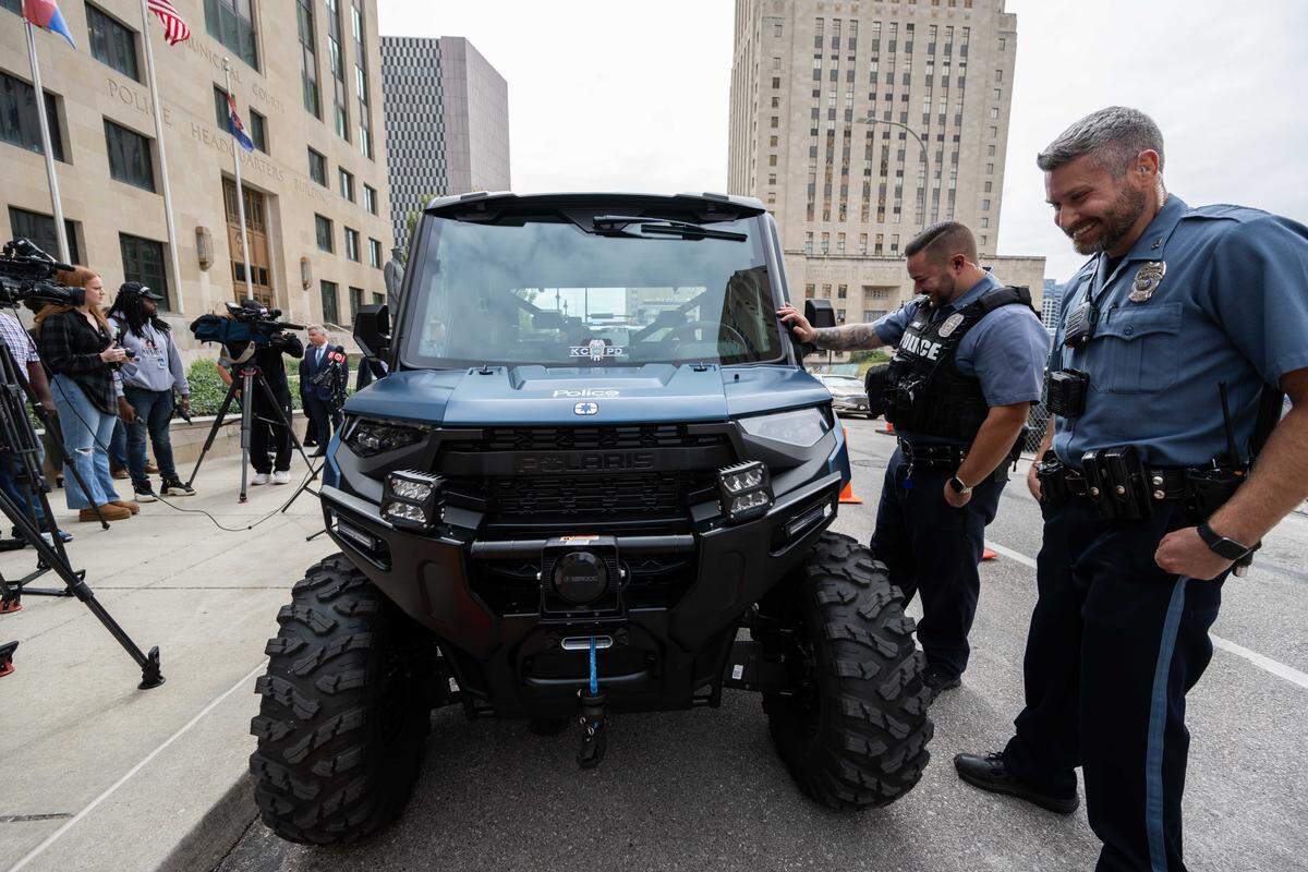 KCPD unveiled new UTVs or Utility Task Vehicle or Utility Terrain Vehicles at KCPD Headquarters, on Tuesday, Oct. 7, 2025, in Kansas City. The vehicles will be used primarily downtown and will be part of the ‘walking beat,’ with the ability to fit into tighter spaces and pursue over longer distances.