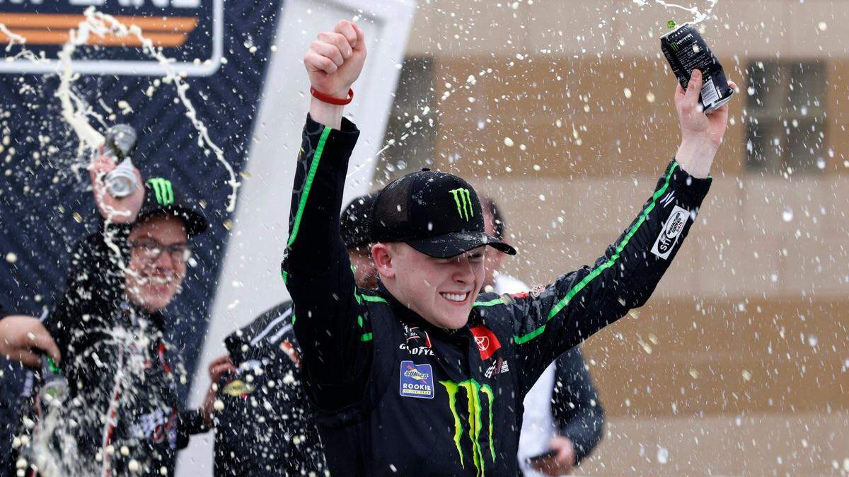 Ty Gibbs celebrates after winning the Kansas Lottery 300 Xfinity Series playoff race Saturday afternoon at Kansas Speedway in Kansas City, Kan.