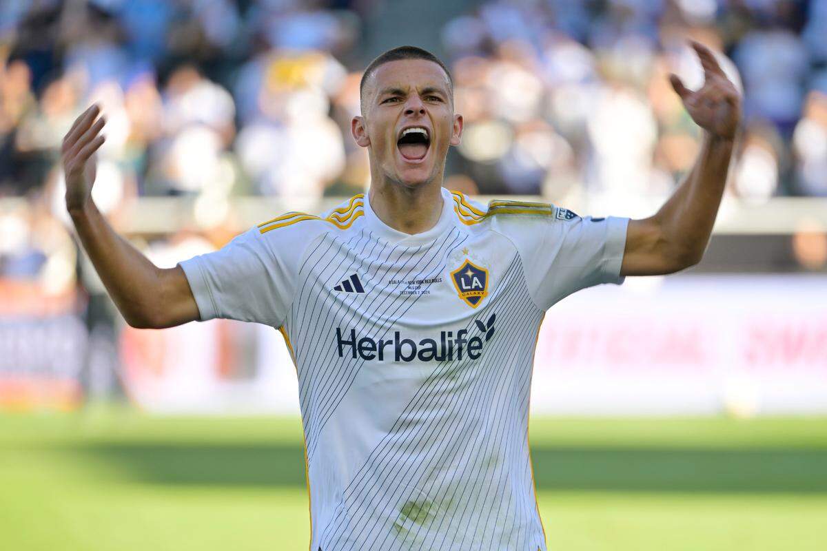 L.A. Galaxy forward Dejan Joveljic celebrates after scoring against the New York Red Bulls during the 2024 MLS Cup championship soccer match at Dignity Health Sports Park in Carson, Calif., on Dec. 7, 2024.