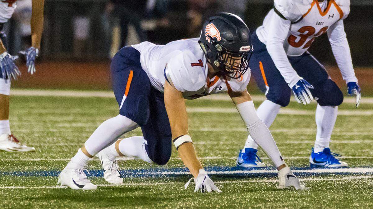 Nate Matlack lines up in a four-point stance in a game for Olathe East last fall. His first college scholarship offer came from Kansas State, but they continue to roll in now.