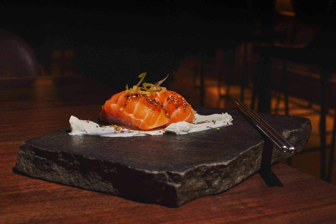 Noka’s dry-aged salmon nigiri includes sushi rice, dry-aged fish with a rich color, crème fraîche and a lemon harissa powder.