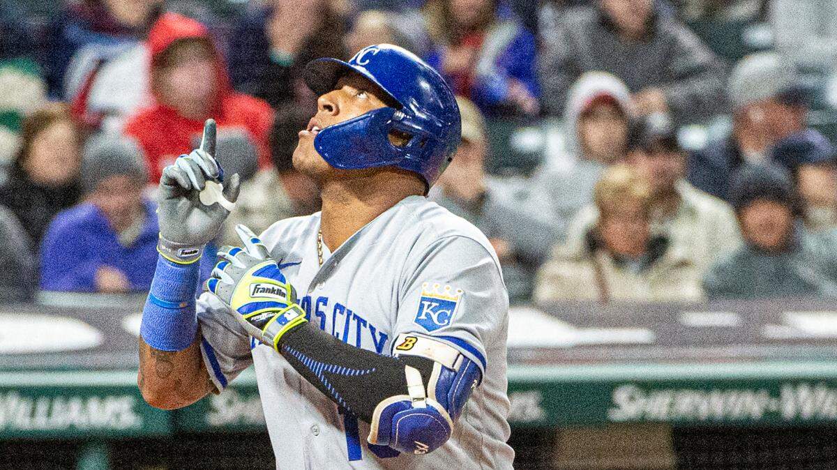 Kansas City Royals’ Salvador Perez gestures skyward after hitting a solo home run off Cleveland Guardians relief pitcher Kirk McCarty during the seventh inning in Cleveland, Saturday, Oct. 1, 2022.