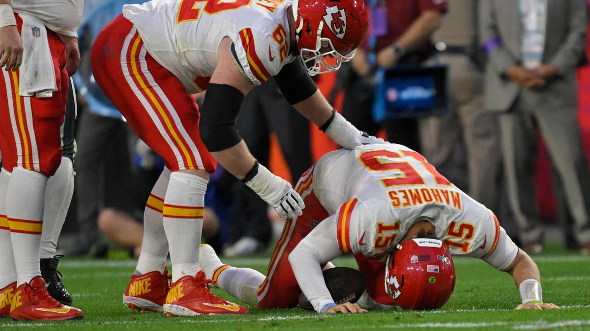 Kansas City Chiefs quarterback Patrick Mahomes (15) was injured during the first half of Super Bowl LVII between the Kansas City Chiefs and the Philadelphia Eagles on Sunday, Feb. 12, 2023, at State Farm Stadium in Glendale, Arizona.