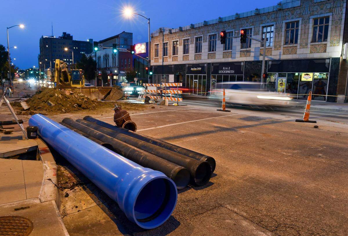 Construction materials and equipment sit on the typically busy intersection of Main Street and Westport Road in Sept. 2021.