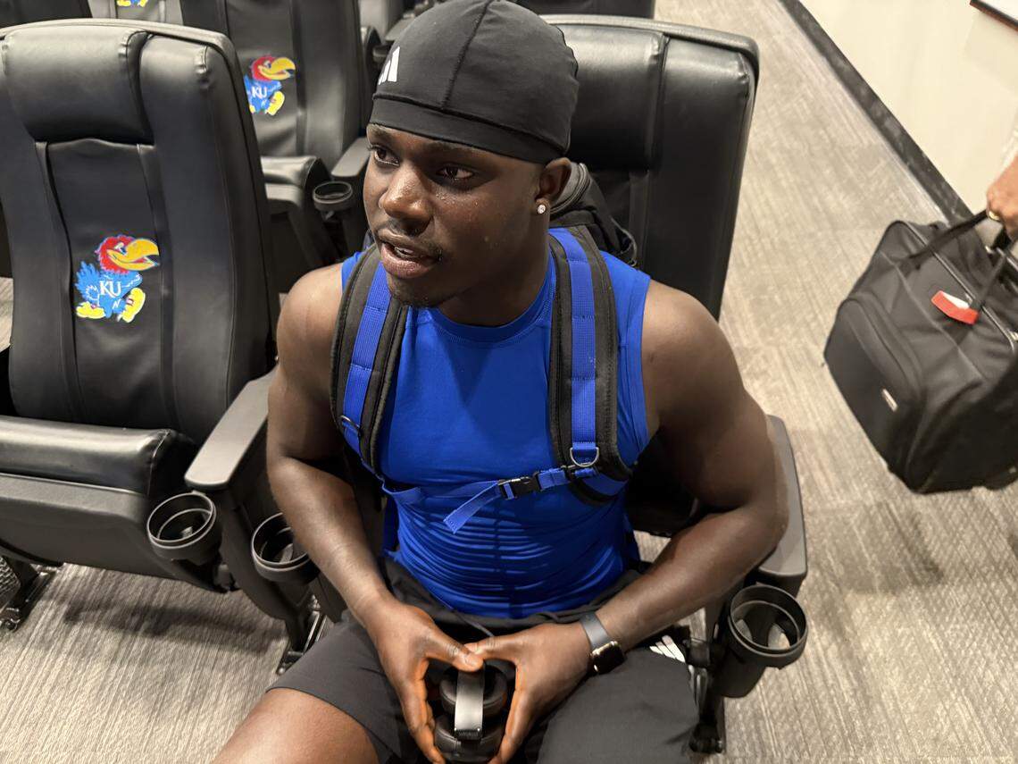 Bangally Kamara, in his sixth year of college football, but his first at Kansas, spoke with media after his debut as a Jayhawk. KU beat Fresno State 31-7 on Saturday at David Booth Kansas Memorial Stadium.