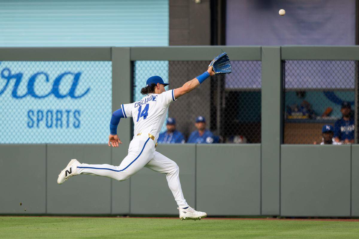 A hit ball sails over the head of Kansas City Royals right fielder Jac Caglianone (14) during the Royals game vs. the Boston Red Sox on Wednesday, May 20, 2026, at Kauffman Stadium.