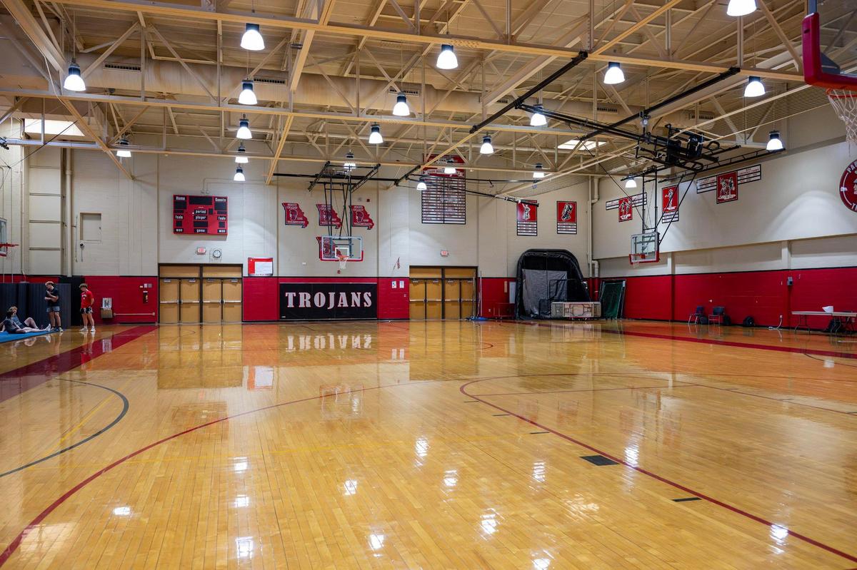A multi-purpose room with basketball courts is seen at Park Hill High School on Tuesday, March 18, 2025, in Kansas City.
