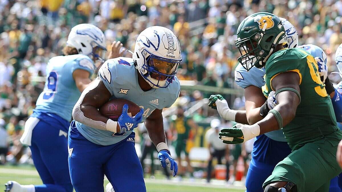 Kansas running back Devin Neal scores a touchdown against Baylor in the second half on Saturday, Oct. 22, 2022, in Waco, Texas.