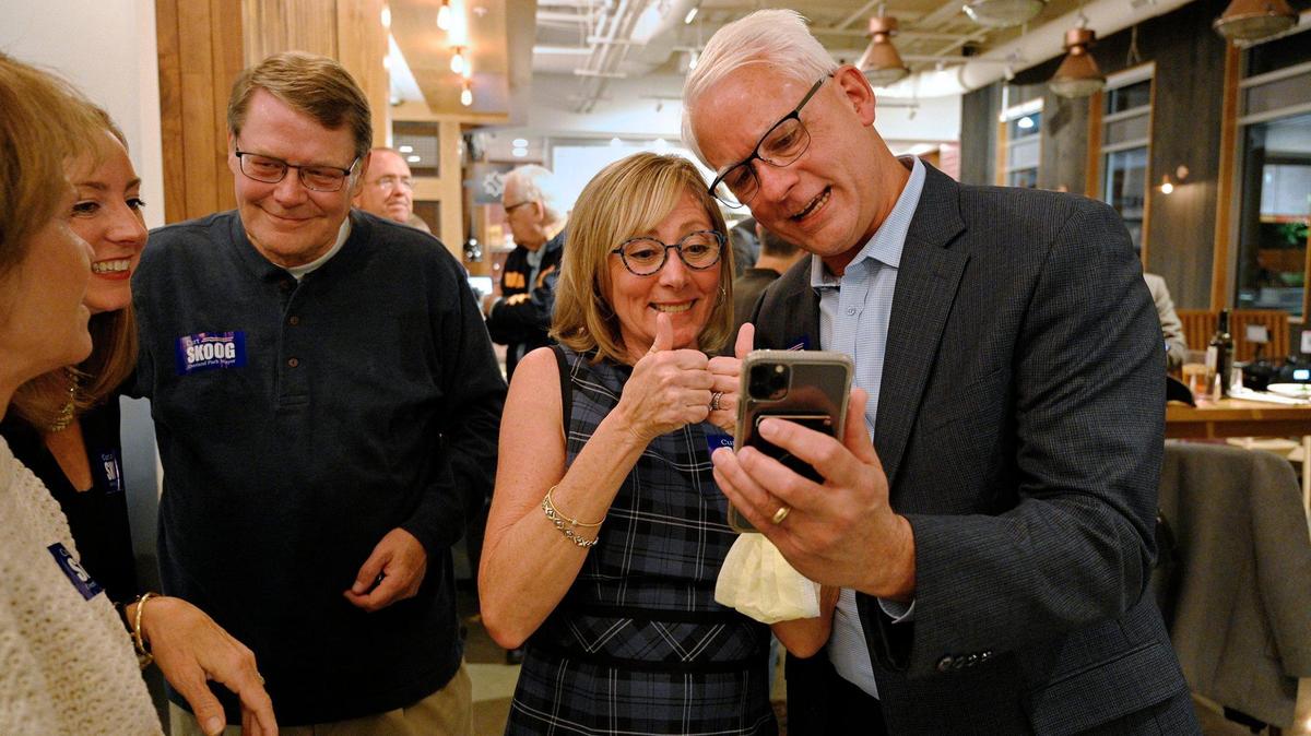 Curt Skoog and his wife Amy Skoog FaceTime with their son and his wife after Curt Skoog won the Overland Park mayor’s race on Tuesday, Nov. 2, 2021. On Sunday, a city spokesperson said the mayor was recovering in the hospital after a weekend accident attributed to a medical event in Kansas City, Kansas.