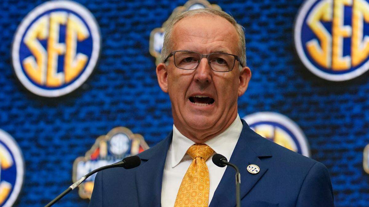 Southeastern Conference commissioner Greg Sankey speaks during SEC media days on Monday in Atlanta.