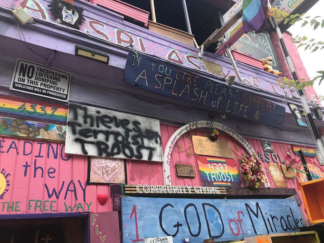 Brightly colored decorations and messages adorn A Splash of Life, an informal donation distribution center on Troost Ave, on Wednesday, July 27.