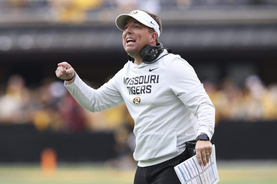 Missouri Tigers head coach Eli Drinkwitz reacts during the first quarter against the Alabama Crimson Tide at Faurot Field at Memorial Stadium on Oct. 11, 2025.