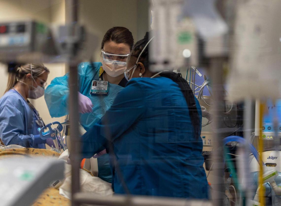 In 2022, Nurses at Saint Luke’s Hospital of Kansas City care for a COVID-19 patient in ICU. A healthcare watchdog group gave Kansas City hospitals grades for patient safety.