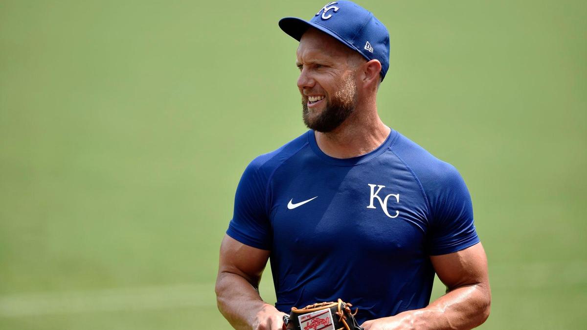 Alex Gordon heads off the field during the Kansas City Royals spring training 2.0 at Kauffman Stadium Monday, July 6, 2020.