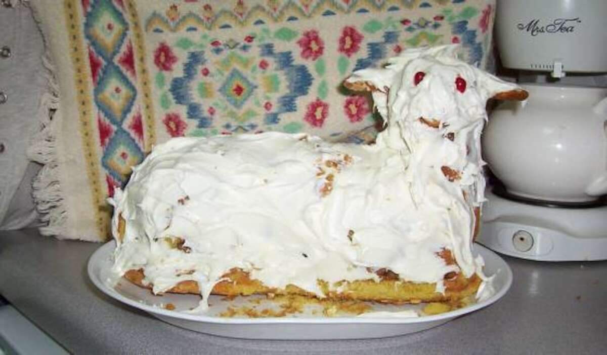 A ghostly lamb with bloodshot eyes.
