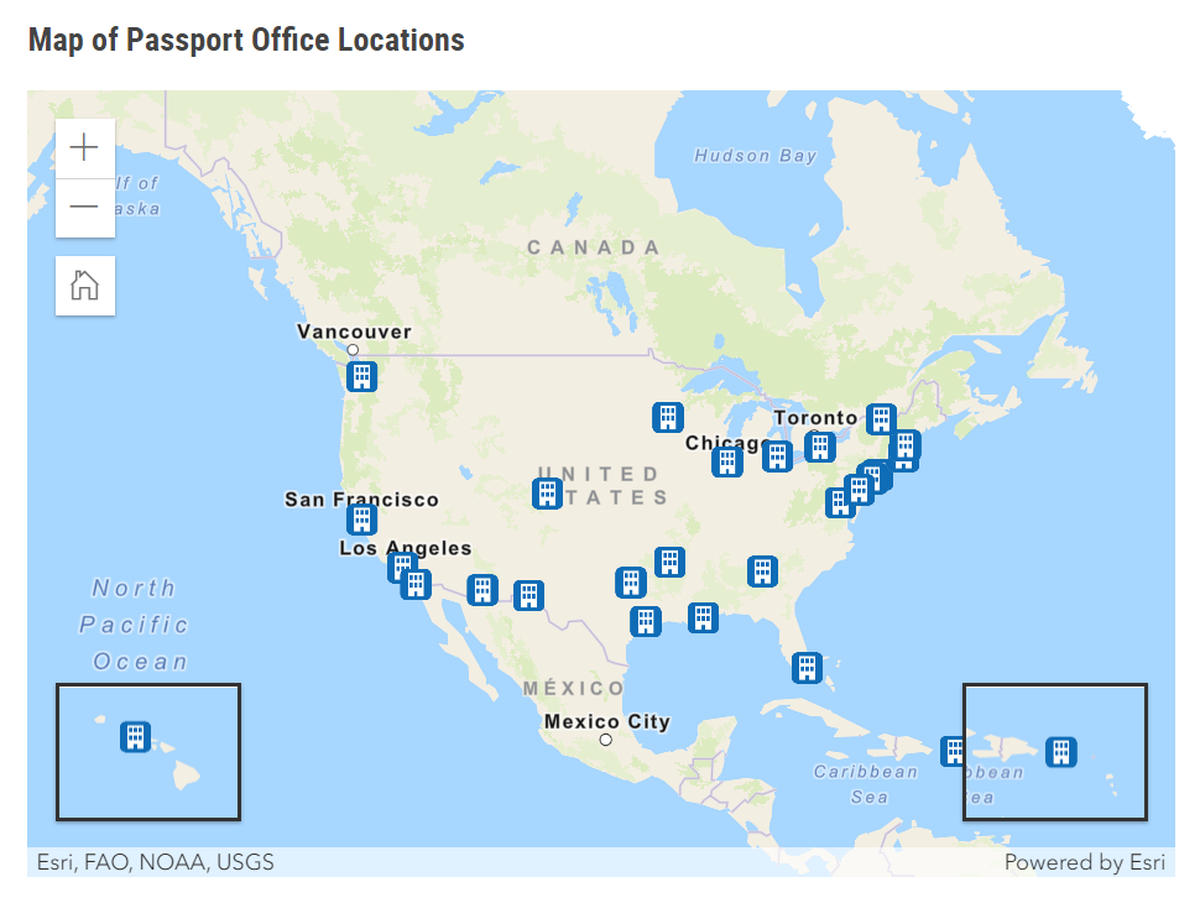 A map of passport offices. The closest locations to Kansas City are Hot Springs, Arkansas, and Chicago.