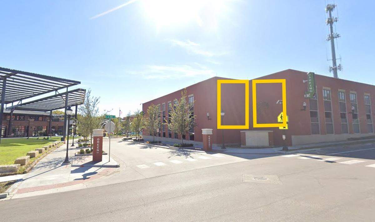 The yellow rectangles show the location of the two new murals on the Green Street parking garage.