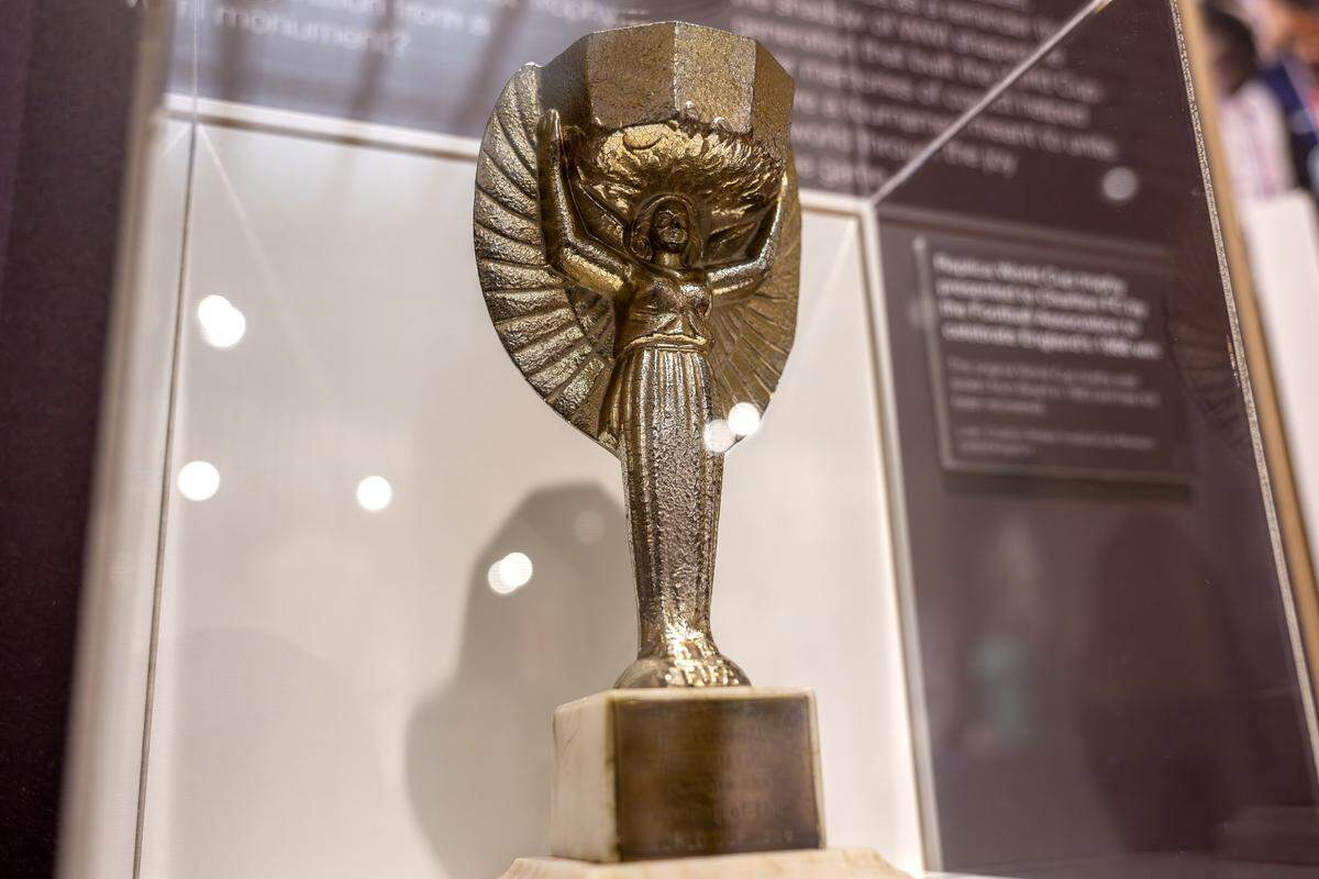 A replica World Cup trophy presented to Charlton FC by the Football Association to mark England's 1966 victory is displayed in the new exhibition “The Beautiful Game,” highlighting the role of soccer during World War I, at the National WWI Museum and Memorial on Wednesday, April 1, 2026, in Kansas City.